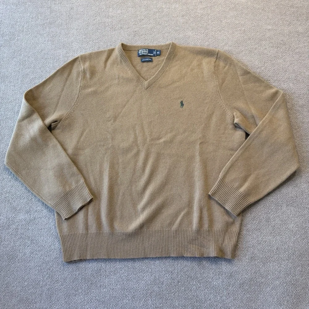 Polo Ralph Lauren Mens 100% Lambswool Camel Brown V-Neck Sweater Sz XL